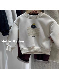 Childrens Fleece Lined Hoodie round Neck Long Sleeve Cat Cartoon Print Warm Top Casual Autumn Winter Kids Clothing