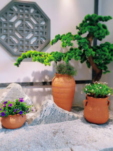Red Pottery Flower Pot Combination Outdoor Courtyard Landscape Rough Clay Ceramic Pottery Jar Balcony Flower Planting Floor Standing Big Decorations