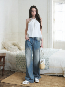 La lune Du ciel | Quần Jeans Tay Rộng Đai Cao Màu Xanh Phai Kiểu Retro Đa Năng