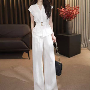 Shalldoer | ชุดสองชิ้นแฟชั่นฤดูร้อนสำหรับผู้หญิง คอวี เอวสูง แขนสั้น กระโปรงทรงหลวม ชุดทำงานสไตล์เกาหลี ชุดทำงานลำลอง