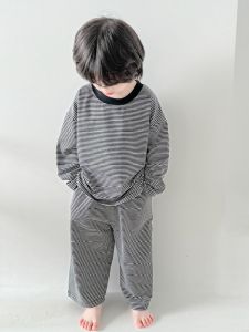 Classic Never out of Style Childrens Home Lazy Striped T-Shirt Set Pure Cotton Loose Long Sleeve Long Pants Home Clothes