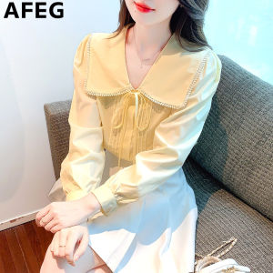 AEEG new Korean version of the lapel bow style loose and versatile chiffon long sleeve blouse for women
