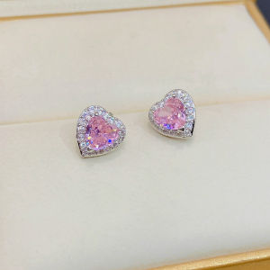 ต่างหูรูปหัวใจสีชมพูหวานขนาดเล็กหรูหราสำหรับผู้หญิง เครื่องประดับแฟชั่นแบบเรียบง่ายและหรูหรา ต่างหูรูปหัวใจประดับเพชรสำหรับผู้หญิง