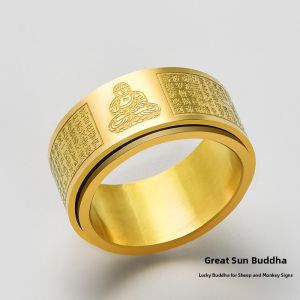 Twelve Zodiac Guardian Heart Sutra Rotating Ring Titanium Steel Mens Fashion Jewelry Stress Relief Wealth Attracting Band