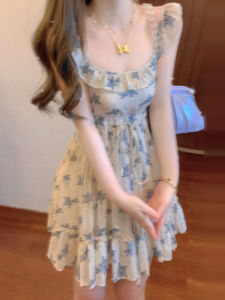 Beach Vacation Floral Print Short Dress Womens Summer 2025 New French Style Elegant Waist-Cinching Slimming Puffy Skirt Dress