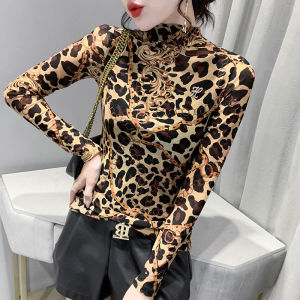 Rehin Mùa Thu/Mùa Đông in da báo lưới tay áo dài T-Shirt ôm vừa bán cổ cao với Rhinestone chi tiết hàng đầu của phụ nữ