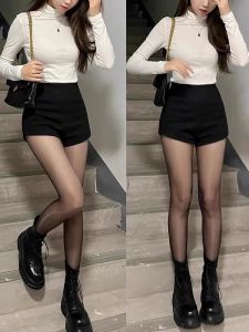 กางเกงขาสั้นสีดำ ทรงสลิมฟิต ยางยืด สไตล์เกาหลี กางเกงขายาวเอวสูง สำหรับผู้หญิง ฤดูใบไม้ร่วง/ฤดูหนาว แฟชั่นสตรีท