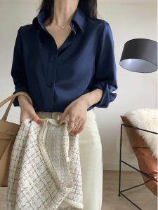 French Elegant Long Sleeve Blue Satin Shirt Womens Base Layer Shirt Beautiful Slimming Top Fashionable Autumn New Style