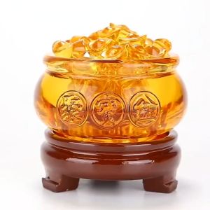 開光招财聚宝盆 送元宝 琉璃钱袋 百福缸 风水摆件 黃水晶琉璃聚寶盆 元寶 元宝 水晶 開運 招財 納福 招财聚财 家居裝飾風水佈局擺件 Fengshui Decoration Home Decor Lucky Accessories