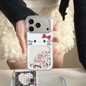 Sanrio | Sliding Block White Glitter Hello Kitty Bow Phone Case for iPhone 17 Pro 15 16 13 14 Pro Max Protection Cover Cute Cartoon Funda