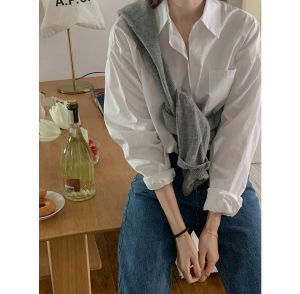 White Cotton Shirt Womens Loose Style Korean Version Spring Autumn New Outerwear Shirt Long Sleeve Button Pocket POLO Collar