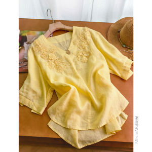 XIAOER | 100% Linen Embroidered Trimmed Sleeve Top