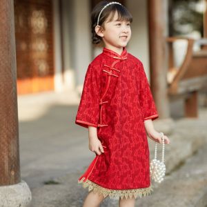 ชุดเด็กผู้หญิง ชุดจีนโบราณ แขนยาว สีแดง ชุดราตรี ชุดเด็ก ชุดจีนโบราณ ฤดูใบไม้ร่วง ฤดูใบไม้ผลิ ชุดเด็ก ชุดจีนโบราณ