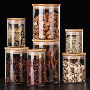 Wood Lid Transparent Glass Food Storage Jars Kitchen Storage Bottles Jar Sealed  For TeaCoffeeSugar Cereal Dispenser Orgnizer