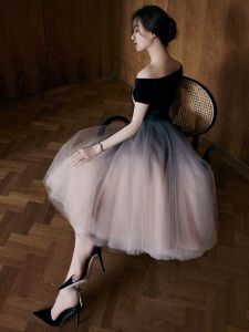 Elegant Off-Shoulder Prom Dress with Mesh Gradient Color Mid-Length Puffy Skirt for Hostess Polyester Fabric Short Sleeve