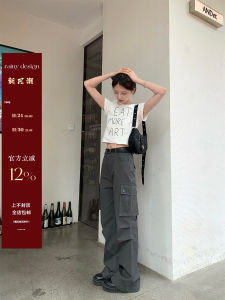 เอวสูงผ้าฝ้ายกางเกงคาร์โก้สําหรับผู้หญิง RAINY American Street สไตล์หลวมขากว้างกางเกงลําลองพร้อมกระเป๋า