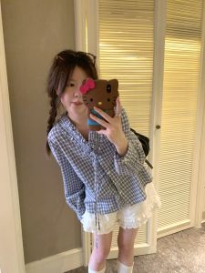 Sweet Casual Plaid Long Sleeve Shirt V-neck Ruffle Hem Korean Style Womens Cotton Business Shirt Summer Anti-UV Clothing