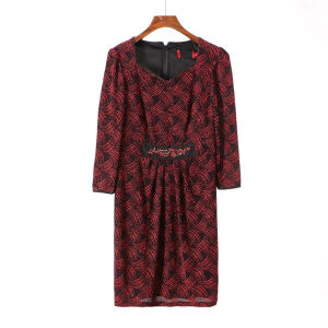 ชุดเดรสยาวปานกลางผ้าลูกไม้สไตล์ยุโรป กระโปรงทรงเอเข้ารูป แขนยาว คอวี ทรงเข้ารูป ชุดทำงาน ชุดทำงาน ชุดทำงาน