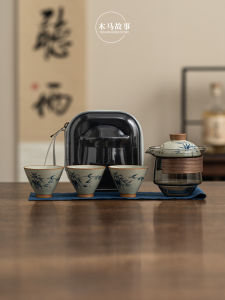 Travel Tea Set Hand-Painted Underglaze Ceramic Outdoor Portable Bowl Tea Pot with Three Cups Quick Guest Cup Set Wooden Horse Story
