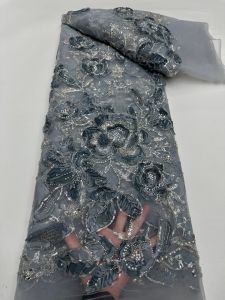 Luxury 3D Beaded Sequin Tulle Fabric 5 Yards French Floral Embroidery Haute Couture DIY Material For Ball Gown Evening Dress