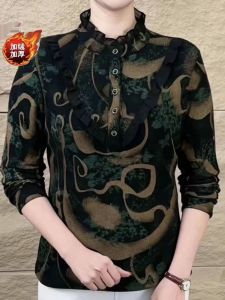 2024 Winter Lace New Arrival Fashion Trendy Semi-High Collar Velvet Padded Slimming All-Matching Warm Printed Long-Sleeved Top