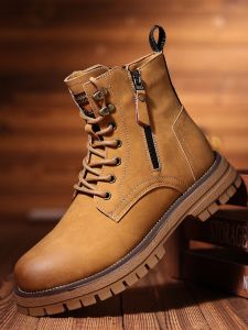 Woodpecker Boots Mens High Top British Style Winter Fleece-Lined Vintage Genuine Leather Working Wear Combat Motorcycle Cowhide Boots