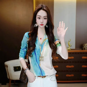 Áo Thun Nữ Cổ Chữ V in Họa Tiết Thời Trang Dài Tay Mùa Xuân Thu Mới Về Thường Ngày Áo Lót Lưới Áo Chui Đầu