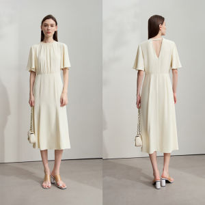 AMII | Elegant Vacation Style Wooden Ear Lace Up Waist Bell Sleeves Backless Summer Dress