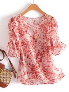 Floral Print Chiffon Top Womens Summer Short Sleeve Quality Feel Fashionable Versatile Standard Fit Sun Protection Clothing