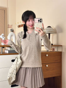 Original Letter Label Shoulder T-Shirt Womens INS Style Button Polo Collar Pure Color Long Sleeve Slim Short Top Knitted Polyester