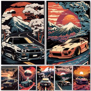 80s Retro Car Japanese Landscape Poster GTR Luxury Cars Canvas Painting HD Print Wall Art Picture Living Room Bedroom Decor