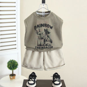 Boys Summer Outfit 2025 New Korean Cartoon Sleeveless Top Baby Summer Casual Vest Set Childrens Clothing Toddler Kids Wear
