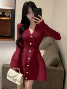 GUZILIAN | V-Neck Flared A-Line Knit Dress