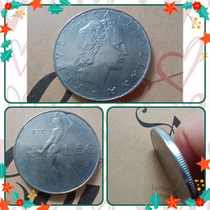 1970 Italy 50 Lire coin is a large stainless steel coin from the Italian Republic a standard circulation coin minted between 1954 and 1989. It has a diameter of 24.8 mm weighs 6.25 grams and features an image of the god Vulcan on the reverse and a fem