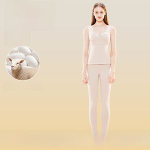 miiow | Warm Thermal Underwear Set For Women With Chest Pad Vest Long Pants Polyester Fiber Fleece Linen Silk Wool Thickened Double Layer
