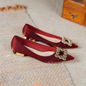 Red Wedding Shoes Low Heel High Heel Maternity Comfortable Chinese Style Bridal Footwear Fashionable Korean Diamond Embellished Slip-On