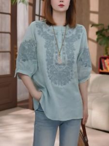 QINGNAER | Heavy Embroidered Light Blue Shirt Half Placket
