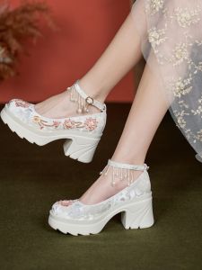 Original Hanfu Shoes Embroidered Thick Heel High Heel Matched with Horse Tail Skirt Floral Shoe Single Fashionable Chinese Style