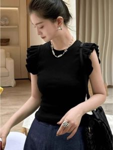 YUFUQING | Black Short Sleeveless Slim Fit T-Shirt Womens Summer OOTD Casual Fashion High Waist Pleated Sleeves Fashionable Plus Size