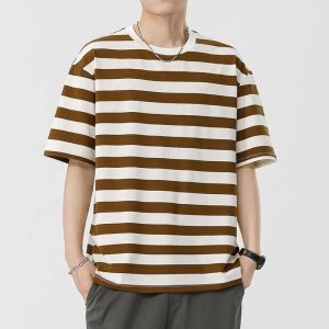 Vancl Mens Striped T-Shirt Short Sleeve round Neck Casual Loose Fit Summer New Style Korean Version Breathable Cotton Blend