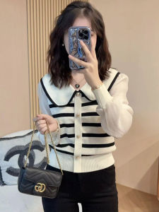 ผู้หญิง ฤดูใบไม้ร่วง แขนยาวลายทาง เสื้อผ้าถัก คาร์ดิเกน สไตล์ทวีด หลวม ผ้าเย็บปะติดปะต่อพอดี กระดุมแถวเดียว ปกเสื้อ ความหนาปกติ