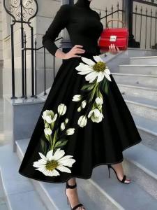 Printed Design A four-season white Daisy floral print vacation-style womens Half-length skirt