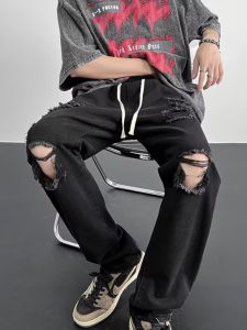 Washed Vintage Mens Jeans High Street Style Distressed Denim Straight Leg Long Pants Summer 2025 Trendy Casual Trousers