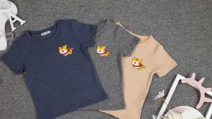 [zensasi] Baju Kaos T-Shirt Anak Laki-Laki Dan Perempuan Lengan Pendek Gambar Kucing Warna Abu Biru Dan Khaki