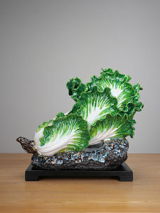 Creative Ceramic Cabbage Decorative Figurine Living Room Office Desktop Decoration Chinese New Style Artistic Craft Wooden Base