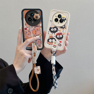 New Phone Case Realme 14 Pro+ Realme 13 12 12X Plus 5G Ins Fun Cute Cartoon Briquette Kuromi Bear Stitch Anti-drop Leather Grain Casing with Lanyard 2025