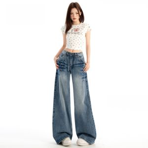 Quần Jeans Ống Rộng Cạp Cao Phong Cách Mỹ Cổ Điển Cho Nữ Mùa Thu Quần Ống Thẳng Rộng Thiết Kế Mới Quần Jeans Denim