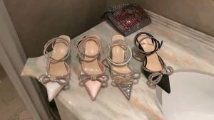 2023 New Fashion Glitter Rhinestones Women Pumps Crystal Bowknot Silk Pointed Toe Buckle Strap Thin High Heels Party Prom Shoes