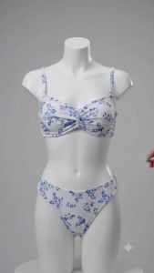JEWELRY SEN Women Ribbed Floral Twist‑Front Bandeau Bikini Set Spaghetti‑Strap High‑Cut 2‑Piece Summer Beach Bathing Suit