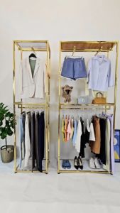 ราวแขวนเสื้อผ้า ราวแขวนผ้าสีทอง มีที่วางกระเป๋า ราวทอง ขนาดใหญ่ ราวไลฟ์สด ราวสเเตนเลส เเข็งเเรง ปรับระดับได้ มี/ไม่มีล้อ